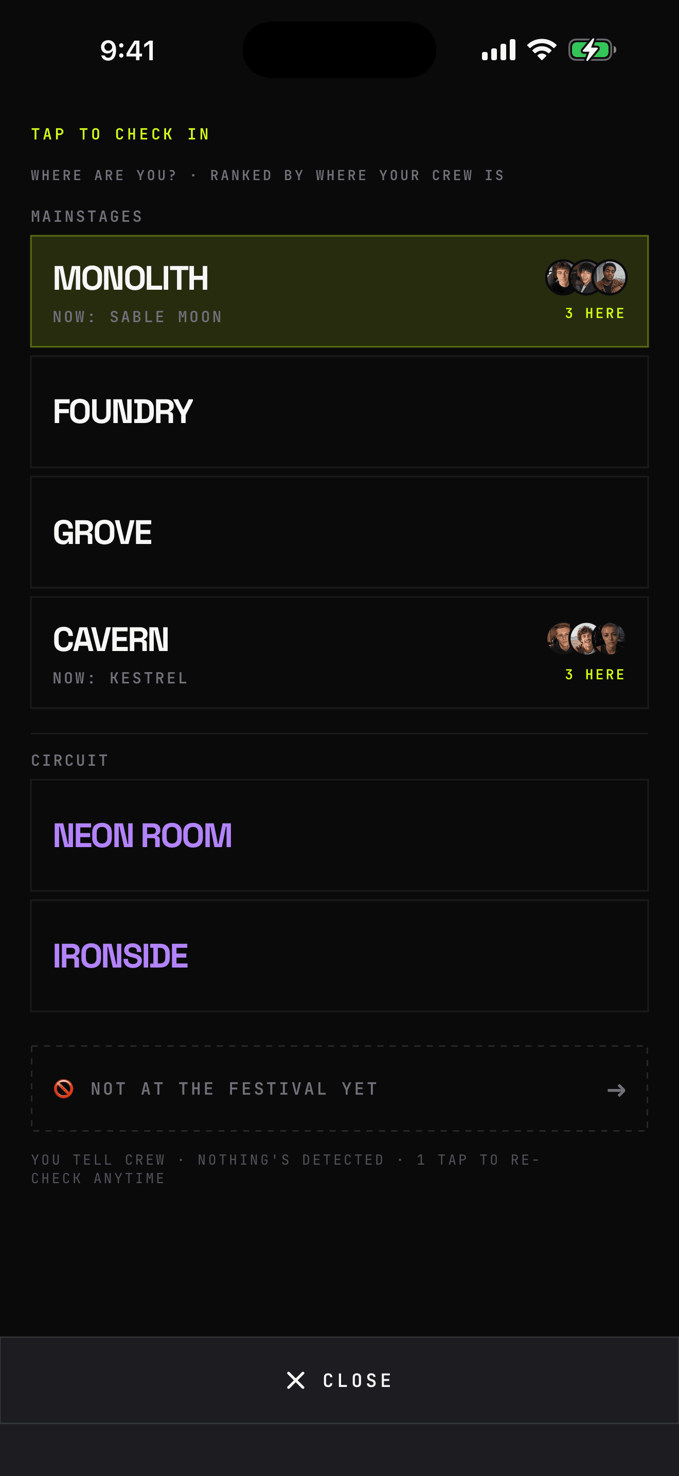 Crew CHECK IN screen